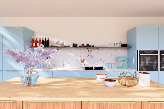 3d Rendered Illustration Of A Modern Kitchen With Light Blue Cabinets And Wood Top Island