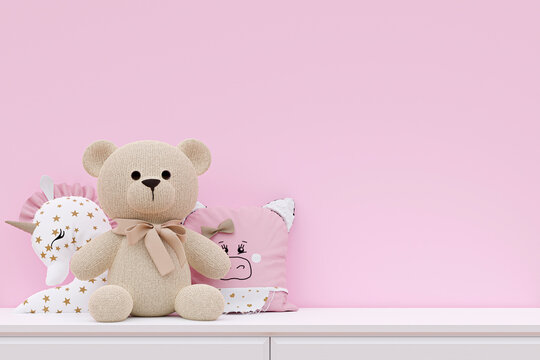 Stuffed toy teddy bear and animal pillows on white cabinet. 3d rendered illustration.