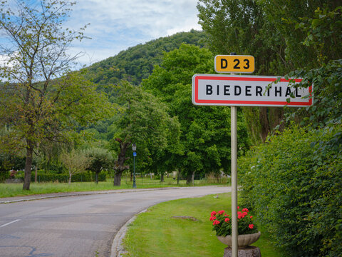 Road sign at entrance of Swiss mountain village Biederthal