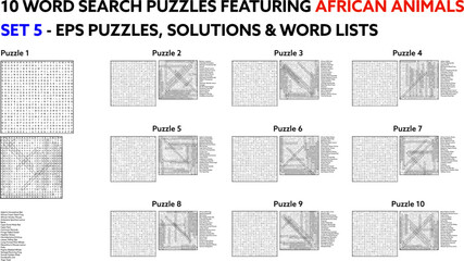 10 Word Search Puzzles Featuring African Animals