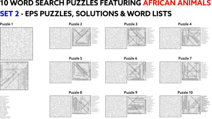 10 Word Search Puzzles Featuring African Animals