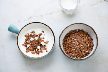 Bowls with greek yogurt and chocolate granola on a light-beige marble background, horizontal shot, high angle view