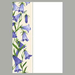 Card or invitation template with watercolor illustration of bluebell flowers on sandy background.