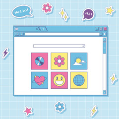 A browser window with a search bar. Retro style user interface. Aesthetics of an old computer. Template for social networks Y2k stickers with flowers, bling, speech bubble. Vector illustration on blue