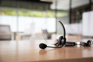 Obraz na płótnie Canvas Communication support, call center and customer service help desk. VOIP headset for customer service support (call center) concept .