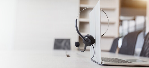 Communication support, call center and customer service help desk. VOIP headset for customer service support (call center) concept .