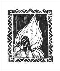 Vector illustration with black and white bonfire. Campfire on sky background in linocut style. Hand drawn sketch of camping atmosphere.