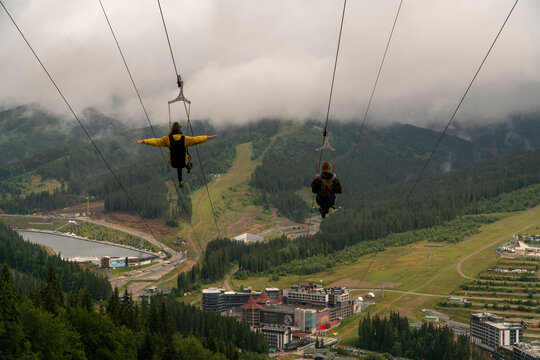 Descent On A Zipline In The Mountains Of The Carpathians