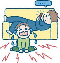 スマホばかり見ている大人に放置されて泣く子供のイラスト