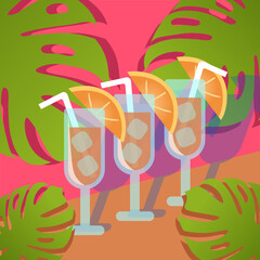 Tropical cocktails. Glasses with cocktails. Cocktails with orange slices. Colorful summer vector illustration. Summer drinks with ice cubes and juice straw. Big monstera leaves. Exotic beverage. 