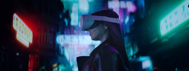 CU Portrait of Hispanic female using her VR metaverse headset in the street full of neon lights,...