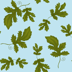 Floral background. Seamless pattern of grape leaves. Grape leaves on blue background. Leaf pattern.