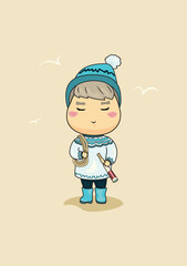 Cute postcard showing a boy in a Norwegian jumper and pompom hat, holding a rope and a spyglass, on a light-coloured background. The little dreamer 
