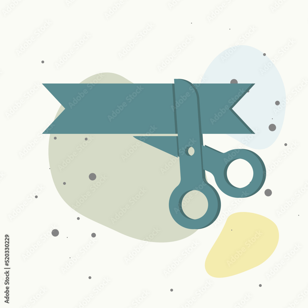 Poster vector icon scissors cut the ribbon. opening symbol on multicolored background.
