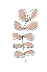 Simple Modern Vector Illustration with Black-Brown Sketched Twig on a White Background. Minimalist Floral Freehand Design ideal for Wall Art, Card. Abstract Eucalyptus Sprig. Line Art Drawing Print. 