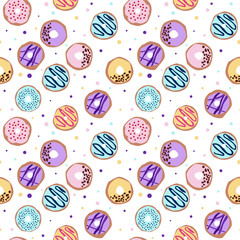 seamless pattern with glazed donuts. Bright juicy pattern on a white background
