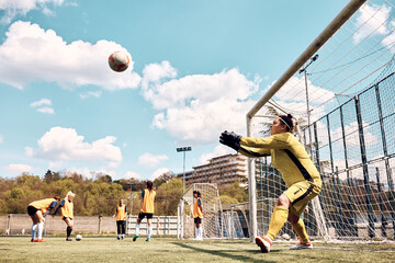 Soccer goalie catching ball while having sports training on playing field.