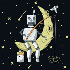 Fototapeta premium Lonely robot fishing on the moon illustration
