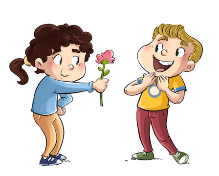 Illustration of a little girl giving a flower to another boy