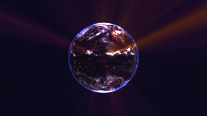 earth globe with glowing details and light rays. 3d illustration.