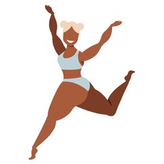 Girl in swimsuits. Happy girl. Body positive. Love your body. Ladie smiling and dancing isolated on white background