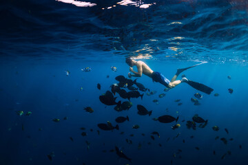 Free diver man with school of fish in transparent ocean