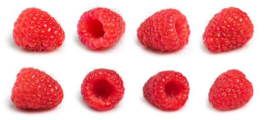 Raspberries isolate set. Raspberry isolated on white background. Red berry closeup.