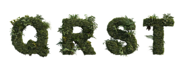  font And numbers decorated with tropical plants on a white background.