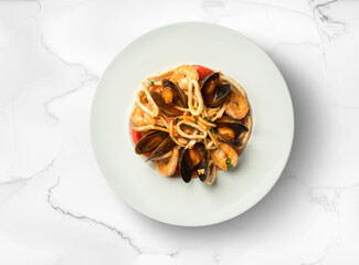 Seafood on a white background, food photography.