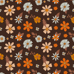 Bohemian floral autumn background in retro style. Abstract autumn flowers and leaves on a dark brown background. Vector seamless pattern with flowers in boho style.