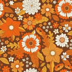 Foto op Plexiglas anti-reflex Autumn seamless pattern with flowers in boho style. Retro background with orange autumn flowers on a dark brown background. Vector, floral texture for wrapping paper, textiles, fabrics. © Tonia Tkach