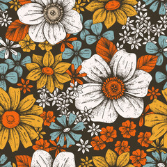 Floral retro background. Vector seamless background with flowers in vintage style. Flower child, hippie, 60s, 70s, bohemian style.