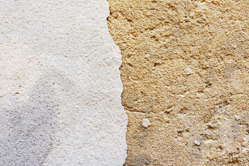 Vintage two-tone plaster textured background peeling of color wallpaper cement, White old wall with shabby damaged plaster cement background, Renovate frame grimy backdrop, background, Empty