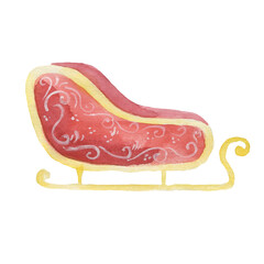 Red christmas sleigh with curly ornament..