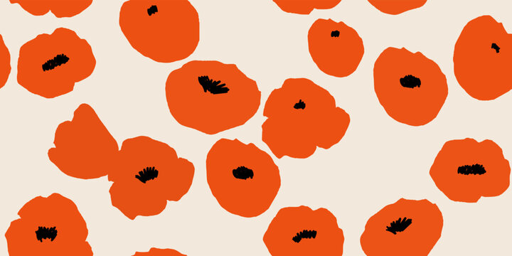 Hand drawn minimal bright abstract poppy flowers pattern. Collage contemporary print. Fashionable template for design.