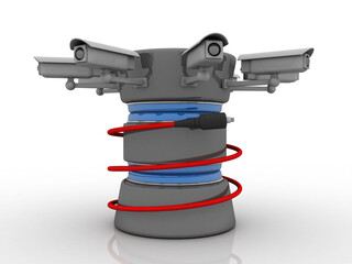 3d rendering aux cable connected database under CCTV camera
