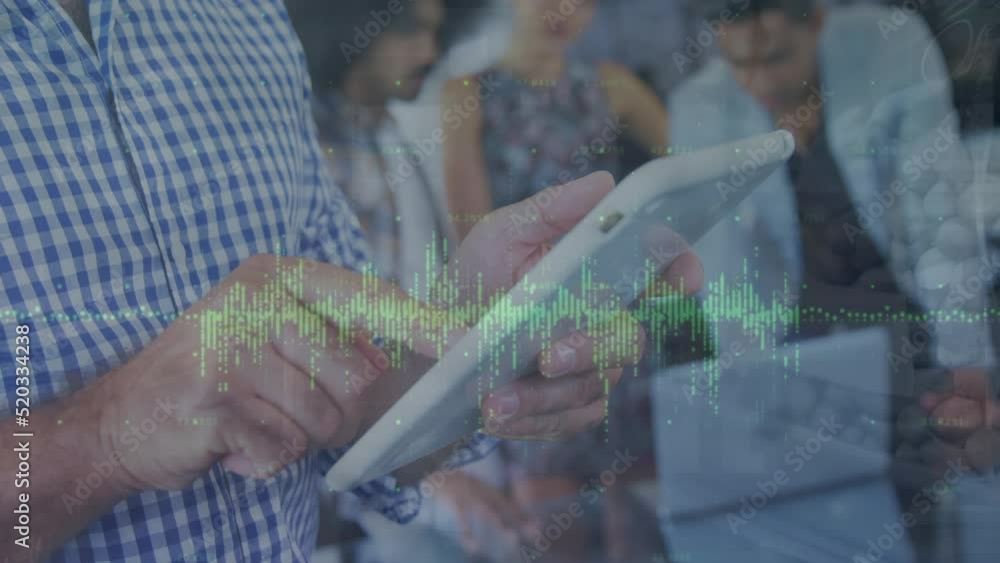 Poster animation of financial data processing over caucasian man using tablet
