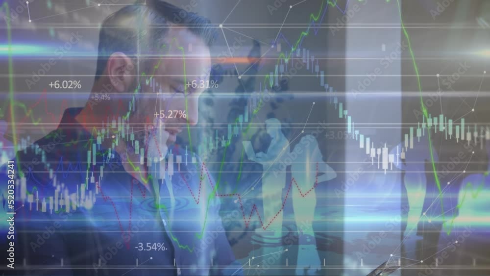 Poster animation of financial data processing over caucasian man using tablet