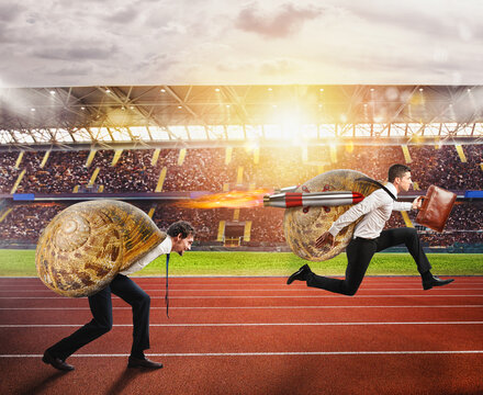 Businessman slow like a snail runs fast thanks to rockets