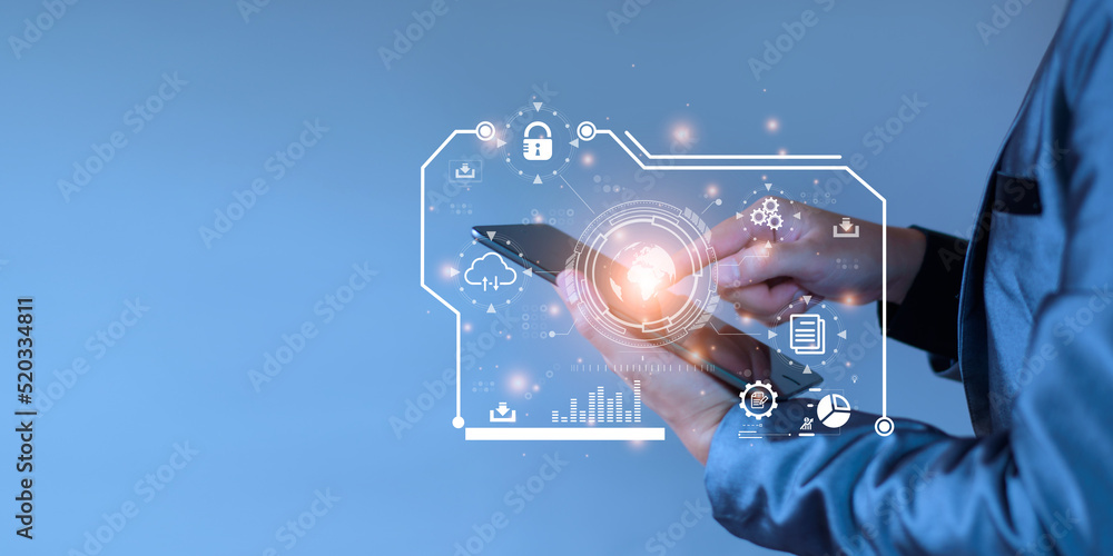Poster businessman accessing the cloud computing technology internet storage network concept and a large da