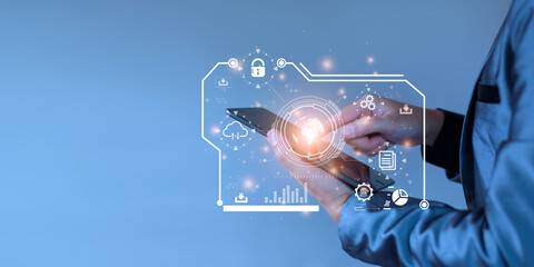Businessman accessing the Cloud Computing Technology Internet Storage Network Concept And a large...