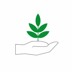 human hand icon and green sprout, icon highlighted on a white background, plant protection concept, environment, ecology