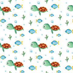 Naklejka premium Underwater seamless pattern.Seaworld watercolor background with cute turtle, fish, seaweed.