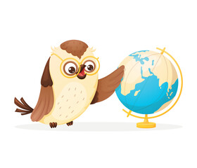 Cute wise owl student with globe, vector isolated cartoon illustration, back to school design element.