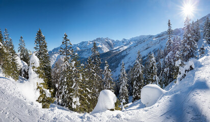 alpine winter landscape upper bavaria, skiing area Kreuzeck Garmisch