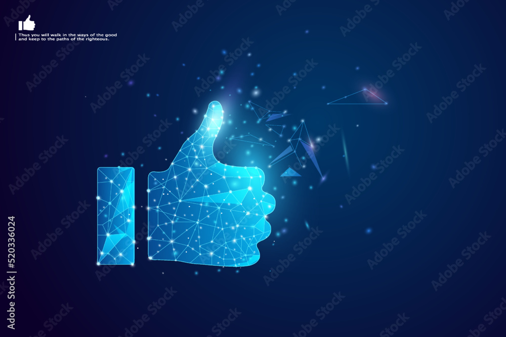 Poster abstract image of a hand thumb up in the form of a starry sky or space, consisting of points, lines,