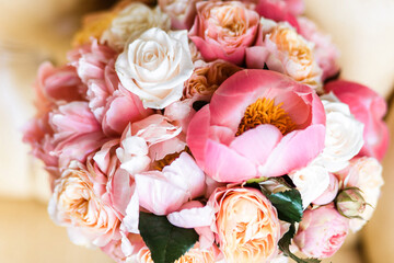 Details of a colorful wedding bouquet close-up