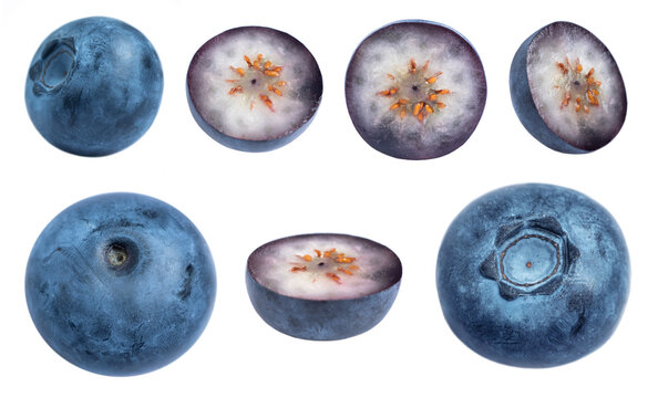 Set of Blueberries fruit and blueberry cut in half slice isolated on white background.