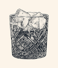 Cocktail with ice cubes in a crystal glass. Hand drawn design element. Engraving style. Vector illustration