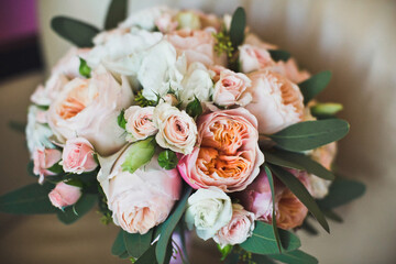 Details of a colorful wedding bouquet close-up
